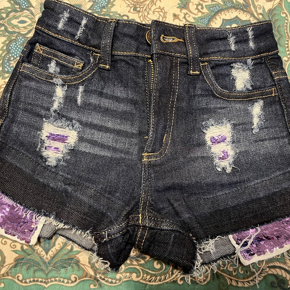 Justice girls mini mom shorts. Dark wash-grape flip sequin.